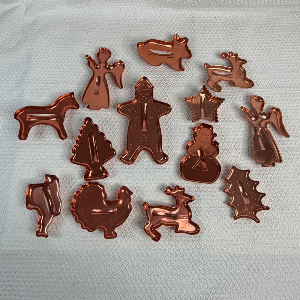 Vintage Copper Metal Holiday Christmas Cookie Cutters Set of 13 Reindeer Angel - Picture 5 of 7